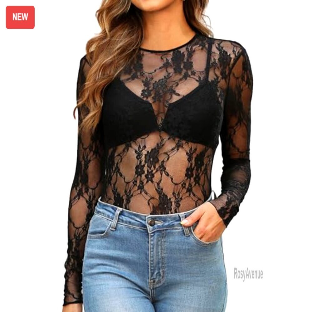 Mesh Lace Long Sleeve Slim Fit Top, Crewneck, See Through Blouse - Picture 2 of 6